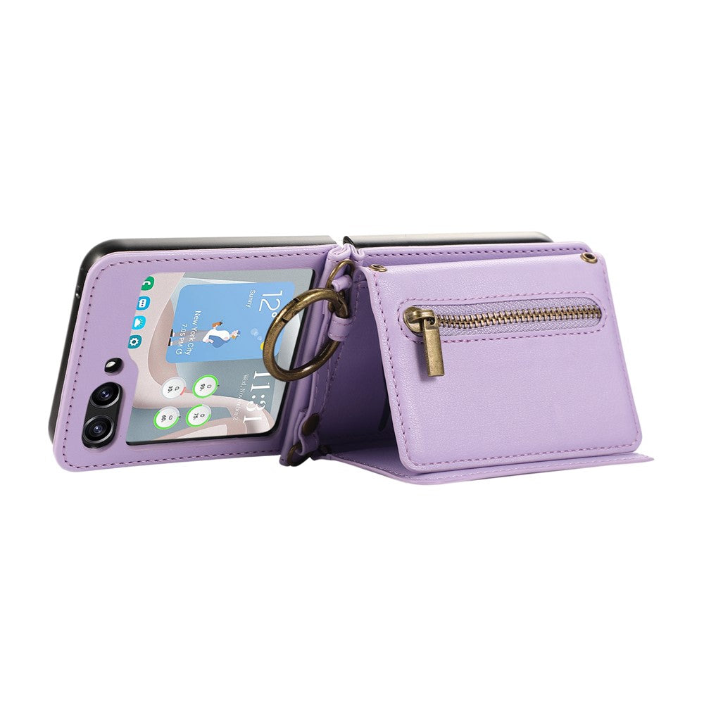 For Samsung Galaxy Z Flip7 5G Leather Back Cover Zipper Wallet Kickstand Phone Case with Shoulder Strap - Purple
