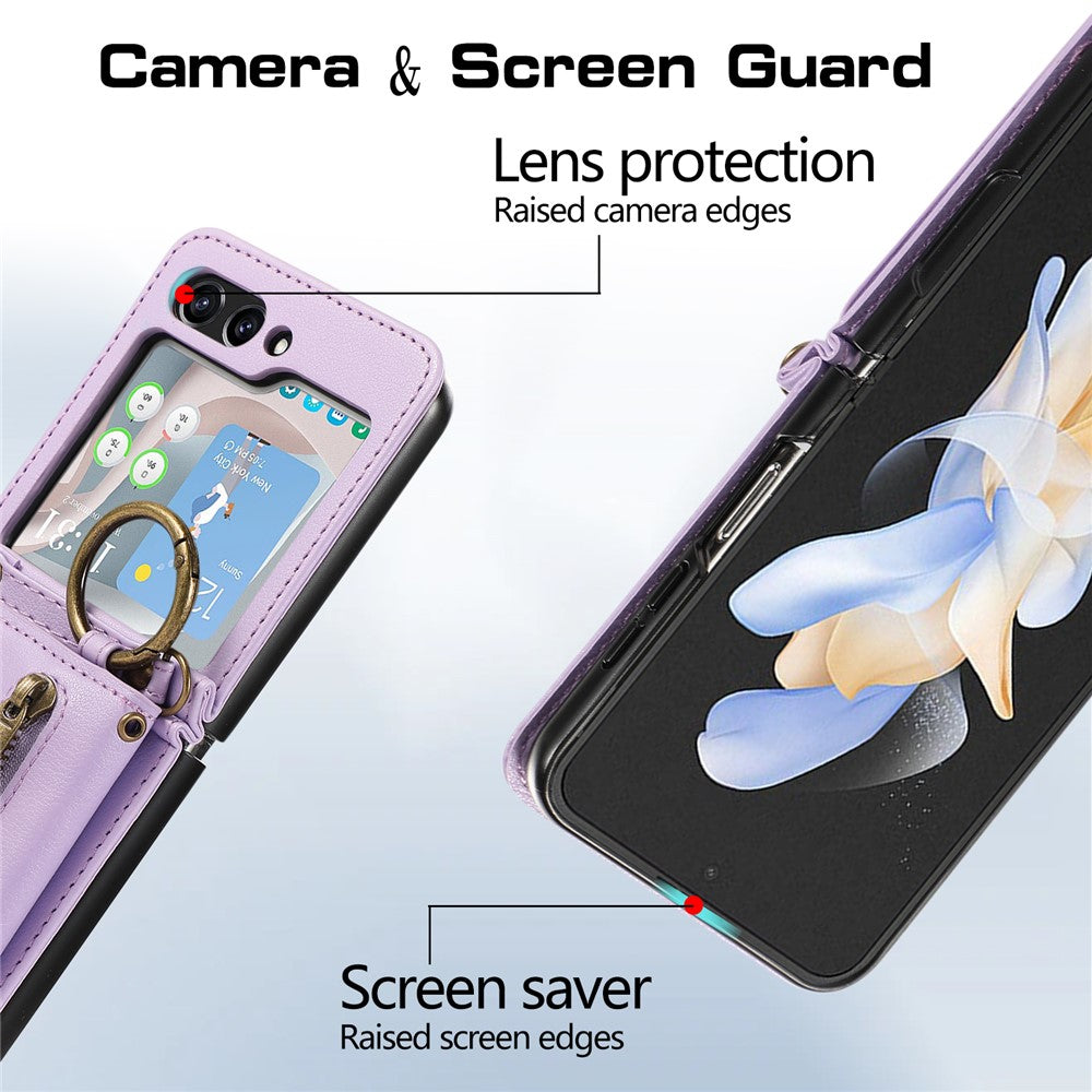 For Samsung Galaxy Z Flip7 5G Leather Back Cover Zipper Wallet Kickstand Phone Case with Shoulder Strap - Purple