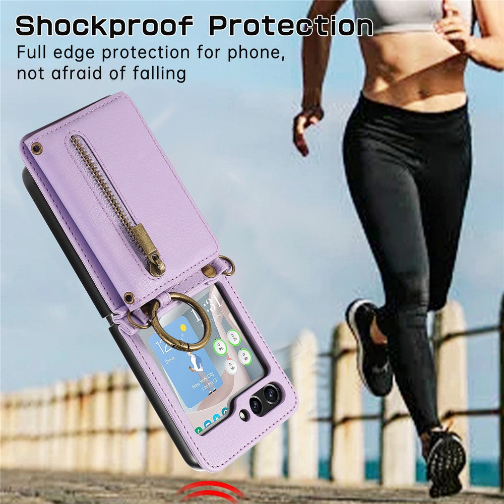 For Samsung Galaxy Z Flip7 5G Leather Back Cover Zipper Wallet Kickstand Phone Case with Shoulder Strap - Purple