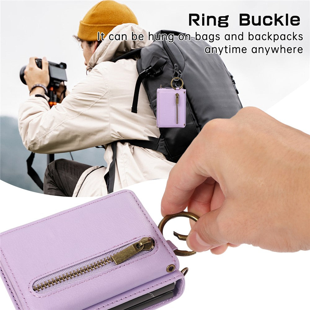 For Samsung Galaxy Z Flip7 5G Leather Back Cover Zipper Wallet Kickstand Phone Case with Shoulder Strap - Purple