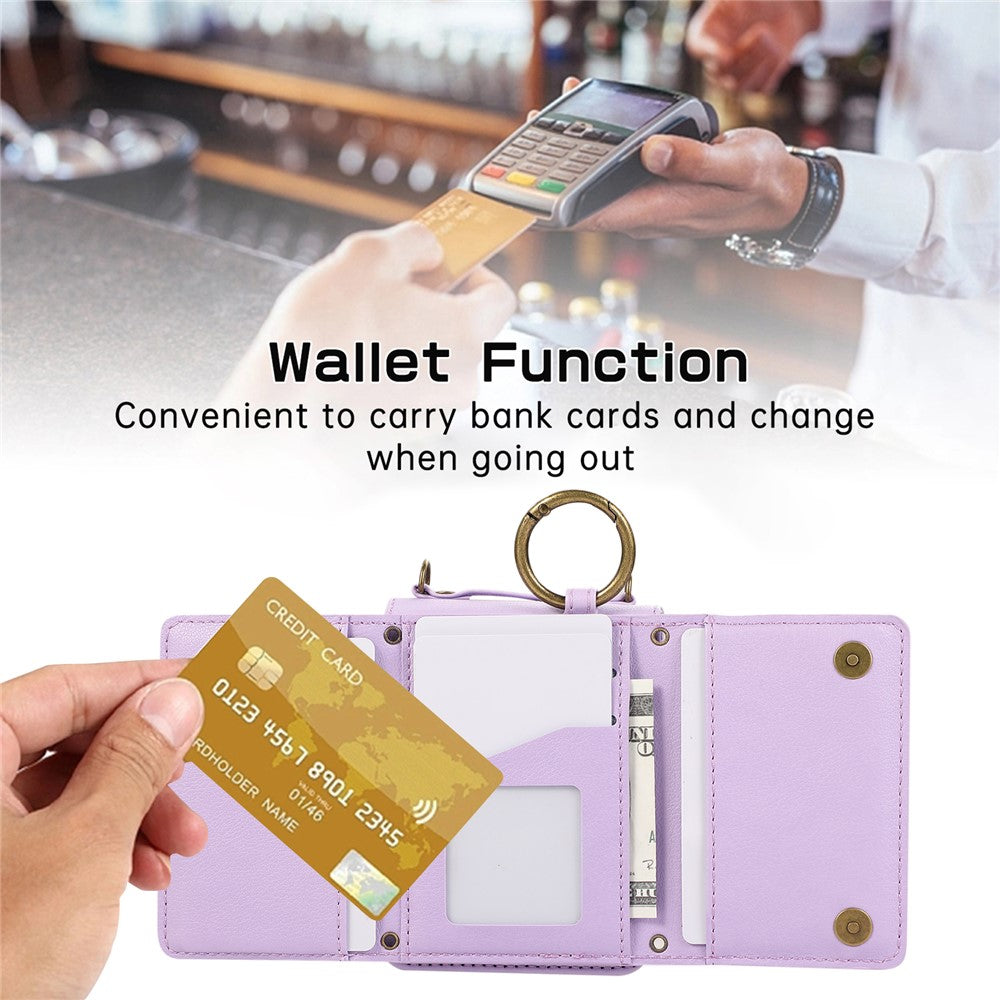 For Samsung Galaxy Z Flip7 5G Leather Back Cover Zipper Wallet Kickstand Phone Case with Shoulder Strap - Purple