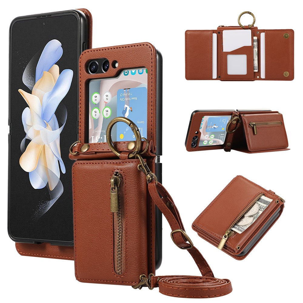 For Samsung Galaxy Z Flip7 5G Leather Back Cover Zipper Wallet Kickstand Phone Case with Shoulder Strap - Brown