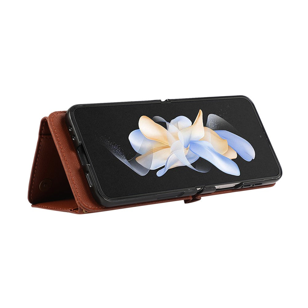 For Samsung Galaxy Z Flip7 5G Leather Back Cover Zipper Wallet Kickstand Phone Case with Shoulder Strap - Brown