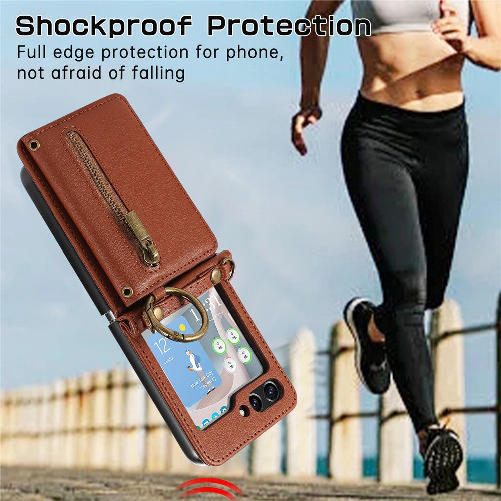 For Samsung Galaxy Z Flip7 5G Leather Back Cover Zipper Wallet Kickstand Phone Case with Shoulder Strap - Brown
