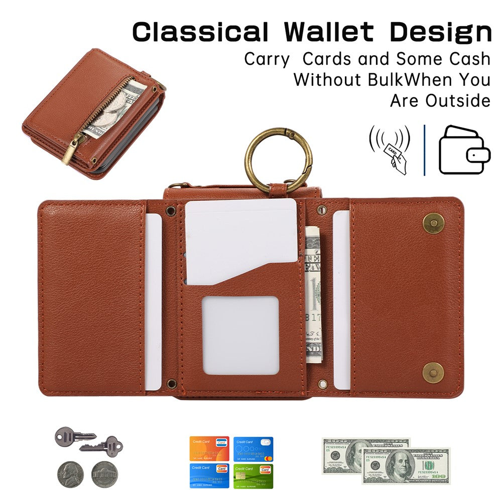 For Samsung Galaxy Z Flip7 5G Leather Back Cover Zipper Wallet Kickstand Phone Case with Shoulder Strap - Brown