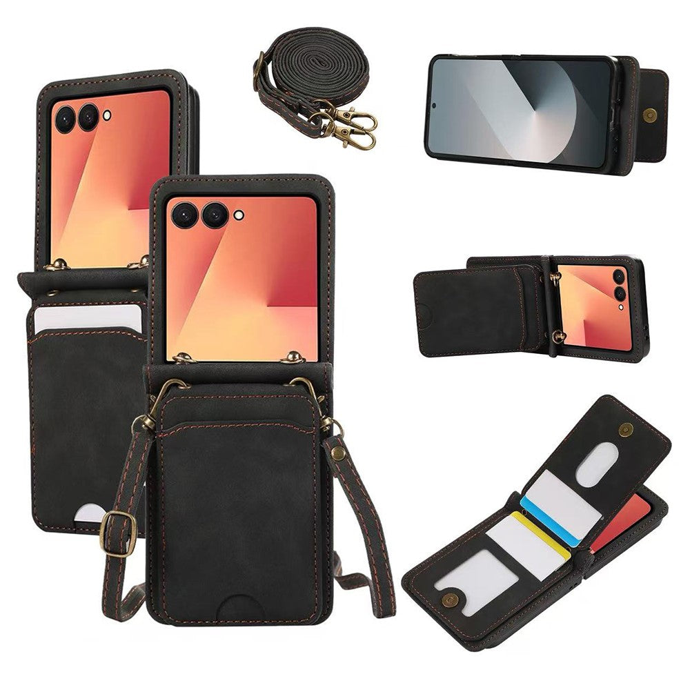 For Samsung Galaxy Z Flip7 5G Case Card Holder Kickstand Leather + TPU Phone Cover with Shoulder Strap - Black