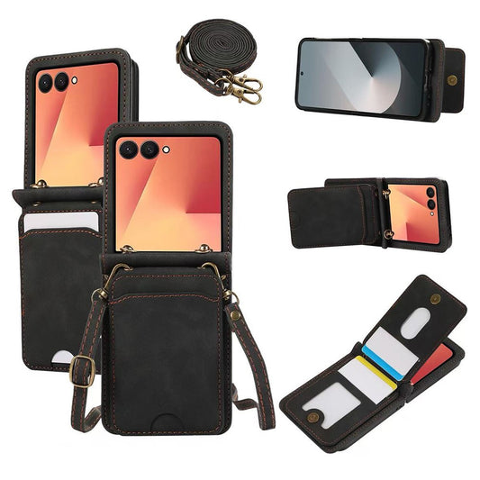 For Samsung Galaxy Z Flip7 5G Case Card Holder Kickstand Leather + TPU Phone Cover with Shoulder Strap - Black