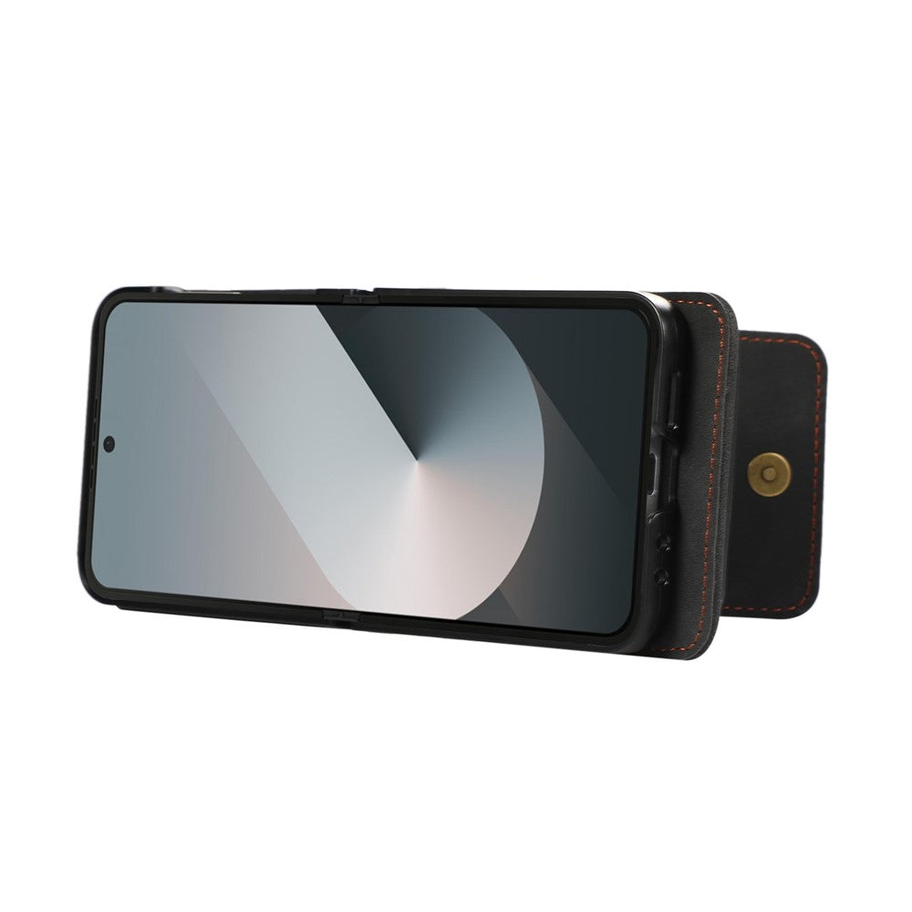 For Samsung Galaxy Z Flip7 5G Case Card Holder Kickstand Leather + TPU Phone Cover with Shoulder Strap - Black