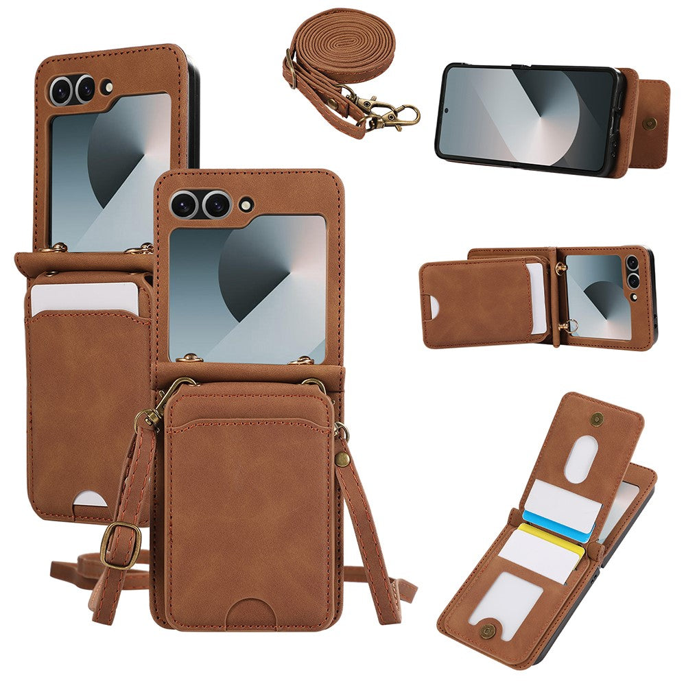 For Samsung Galaxy Z Flip7 5G Case Card Holder Kickstand Leather + TPU Phone Cover with Shoulder Strap - Brown