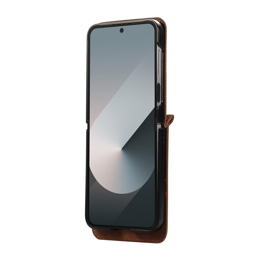 For Samsung Galaxy Z Flip7 5G Case Card Holder Kickstand Leather + TPU Phone Cover with Shoulder Strap - Brown