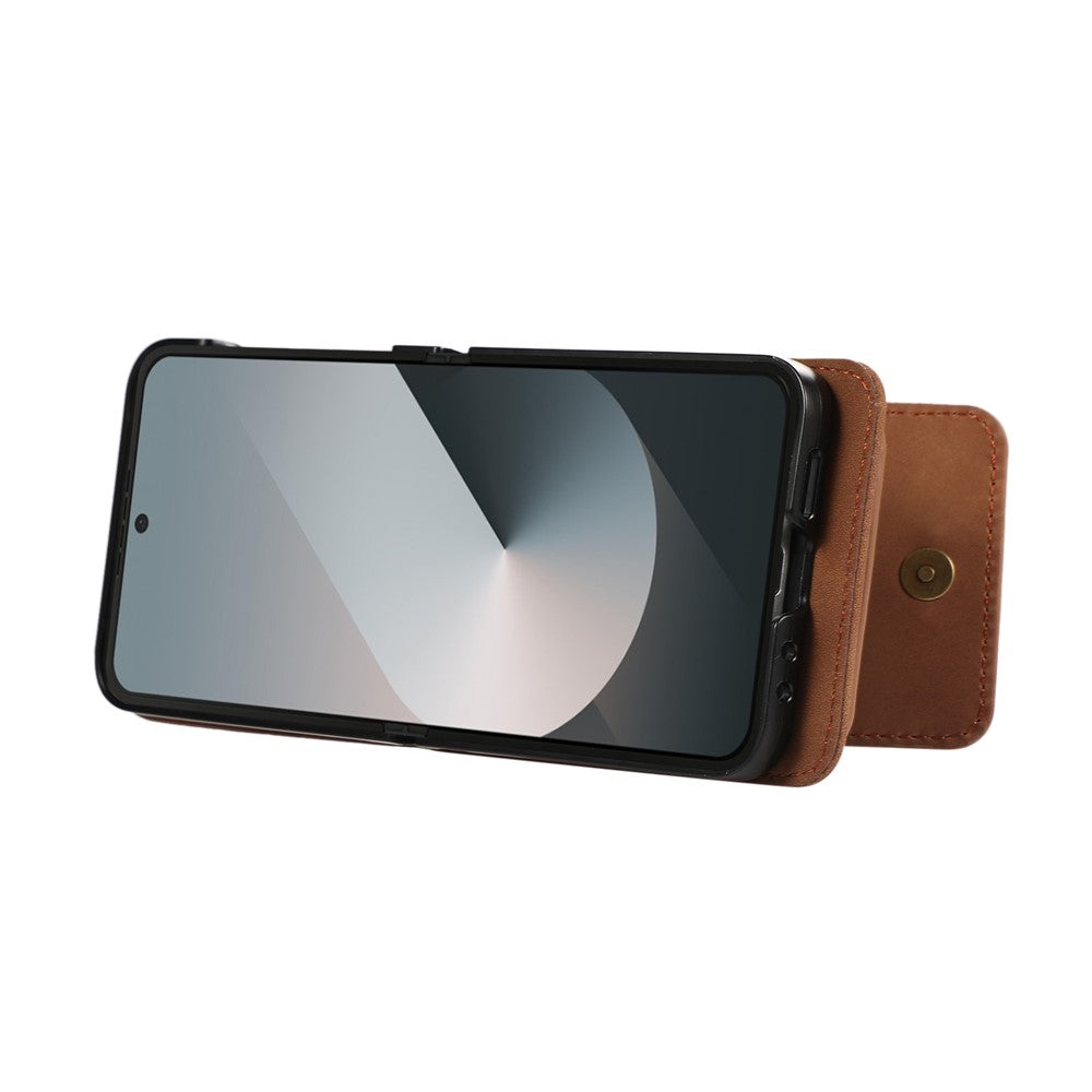 For Samsung Galaxy Z Flip7 5G Case Card Holder Kickstand Leather + TPU Phone Cover with Shoulder Strap - Brown