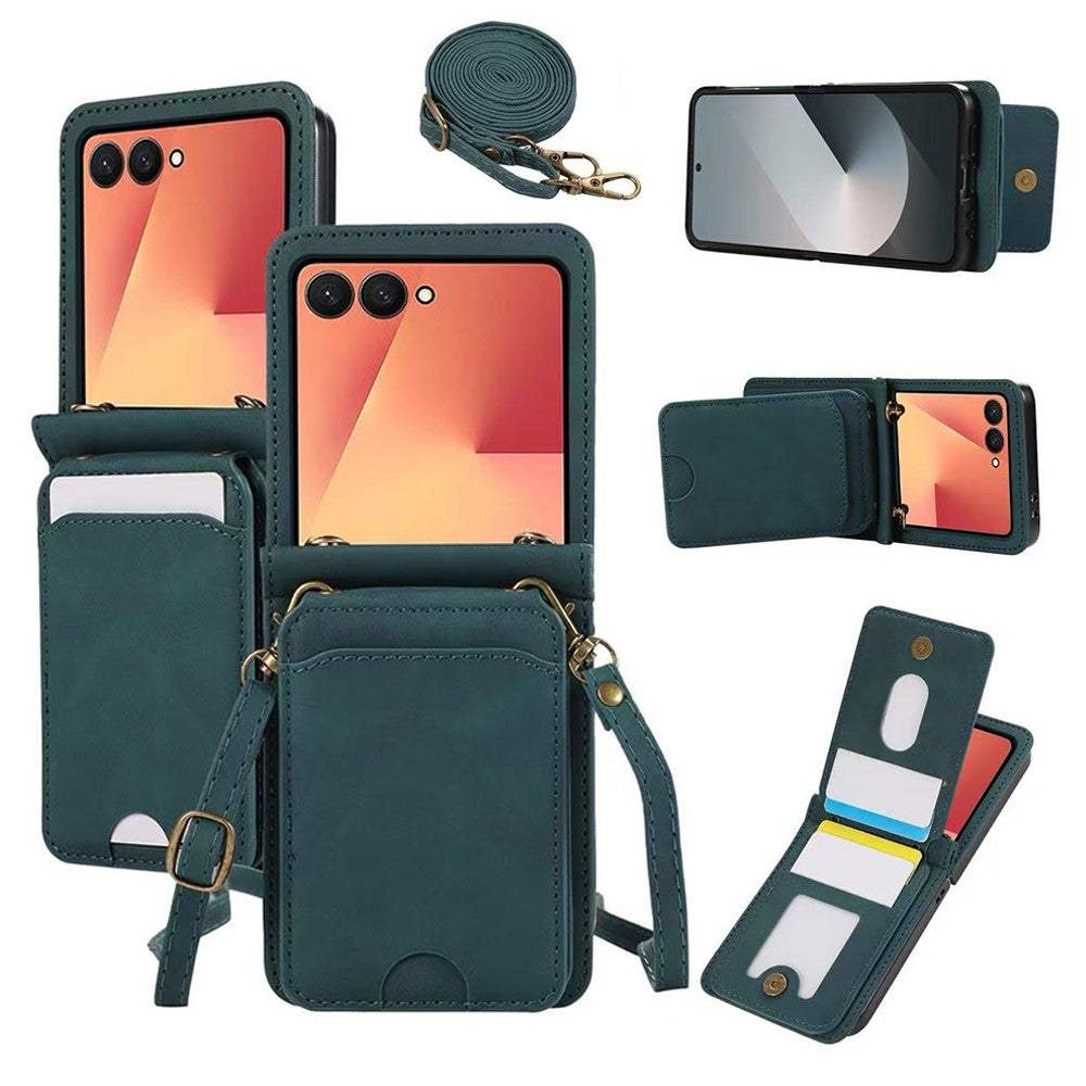 For Samsung Galaxy Z Flip7 5G Case Card Holder Kickstand Leather + TPU Phone Cover with Shoulder Strap - Green