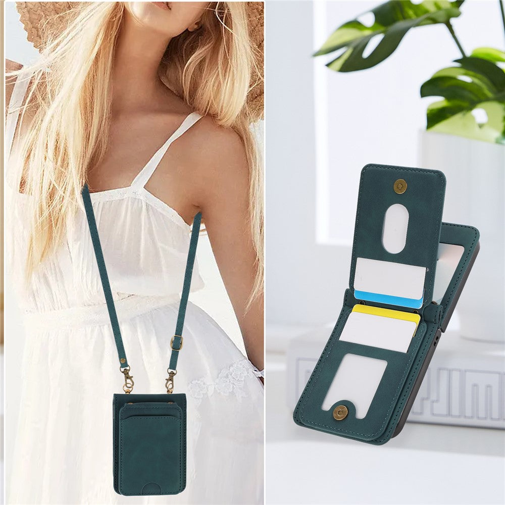 For Samsung Galaxy Z Flip7 5G Case Card Holder Kickstand Leather + TPU Phone Cover with Shoulder Strap - Green