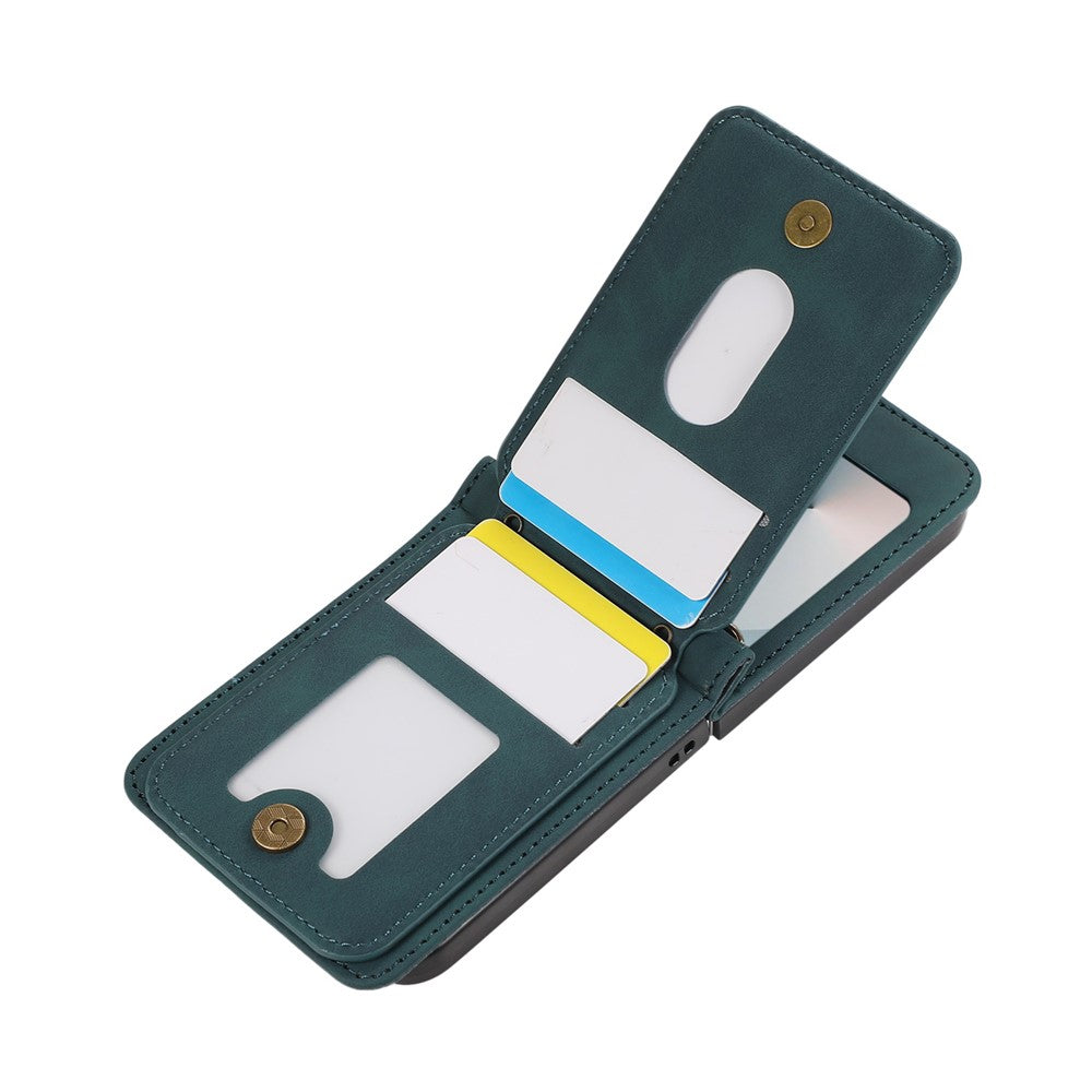For Samsung Galaxy Z Flip7 5G Case Card Holder Kickstand Leather + TPU Phone Cover with Shoulder Strap - Green