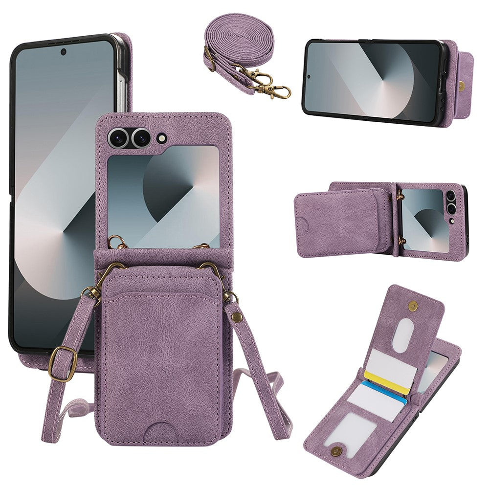For Samsung Galaxy Z Flip7 5G Case Card Holder Kickstand Leather + TPU Phone Cover with Shoulder Strap - Purple