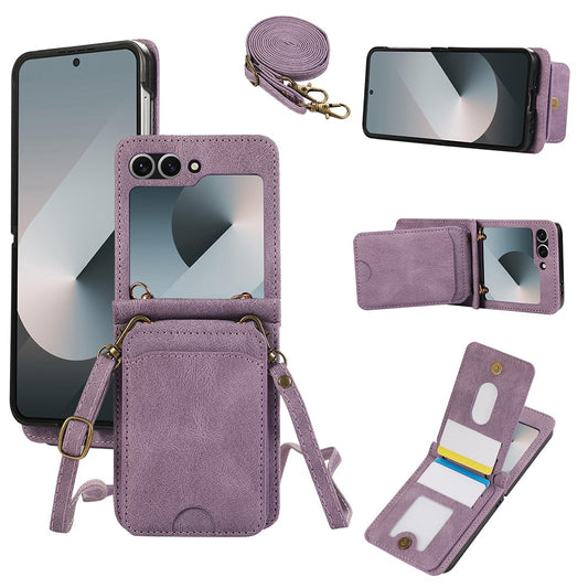 For Samsung Galaxy Z Flip7 5G Case Card Holder Kickstand Leather + TPU Phone Cover with Shoulder Strap - Purple