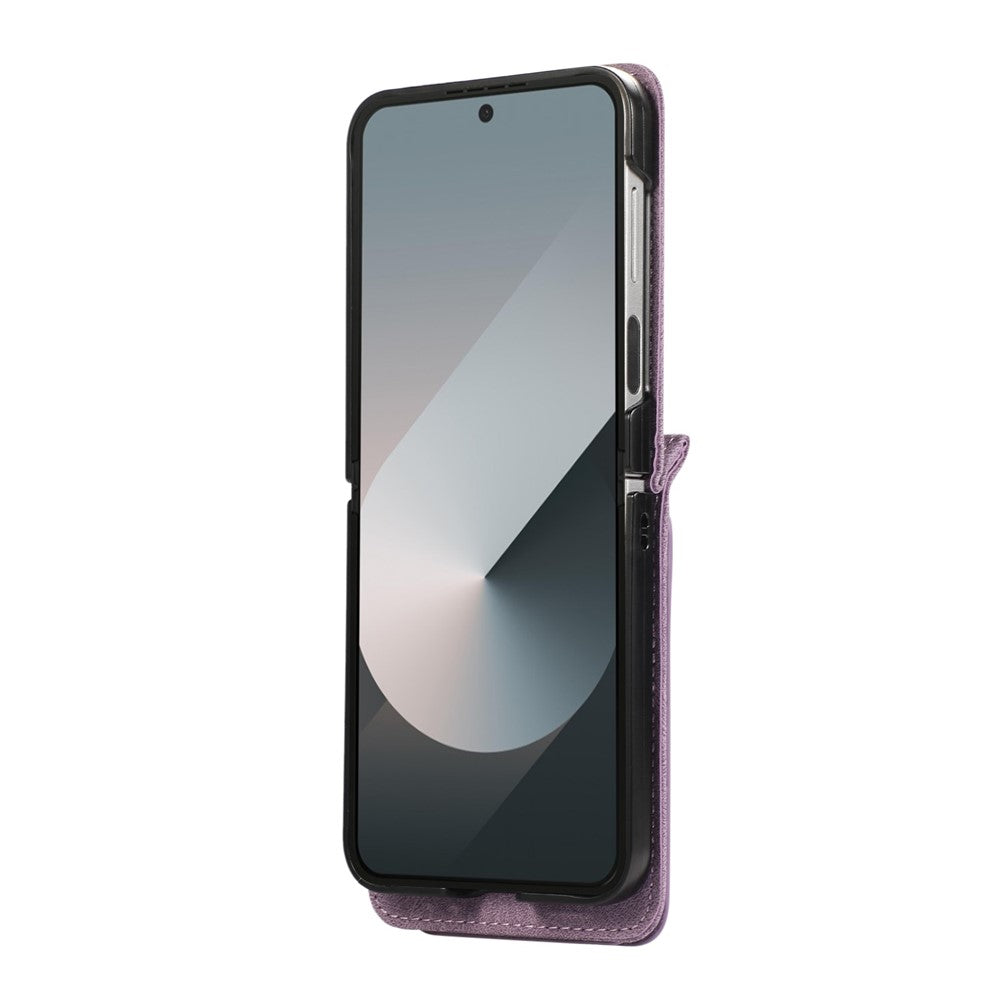 For Samsung Galaxy Z Flip7 5G Case Card Holder Kickstand Leather + TPU Phone Cover with Shoulder Strap - Purple