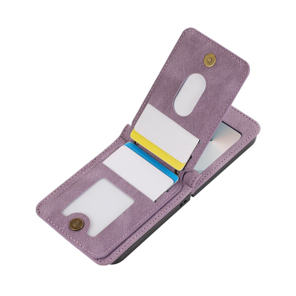 For Samsung Galaxy Z Flip7 5G Case Card Holder Kickstand Leather + TPU Phone Cover with Shoulder Strap - Purple