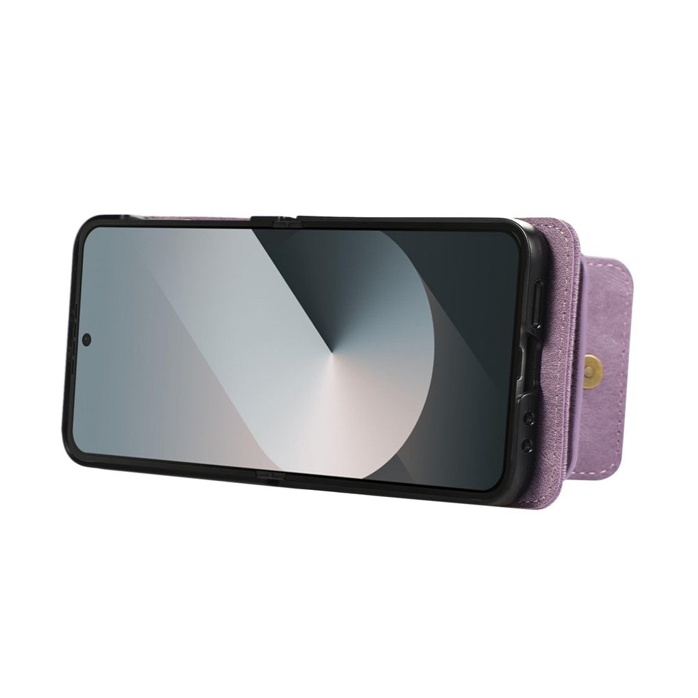 For Samsung Galaxy Z Flip7 5G Case Card Holder Kickstand Leather + TPU Phone Cover with Shoulder Strap - Purple