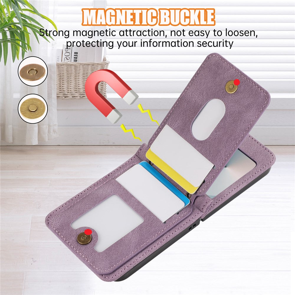 For Samsung Galaxy Z Flip7 5G Case Card Holder Kickstand Leather + TPU Phone Cover with Shoulder Strap - Purple