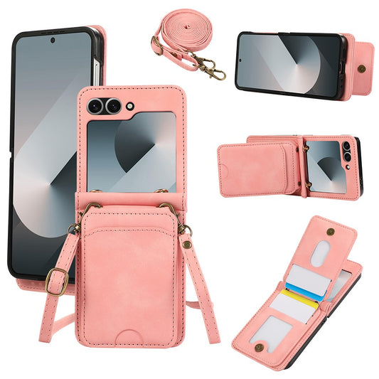 For Samsung Galaxy Z Flip7 5G Case Card Holder Kickstand Leather + TPU Phone Cover with Shoulder Strap - Pink