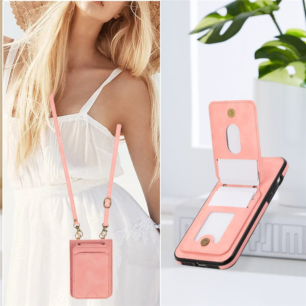 For Samsung Galaxy Z Flip7 5G Case Card Holder Kickstand Leather + TPU Phone Cover with Shoulder Strap - Pink