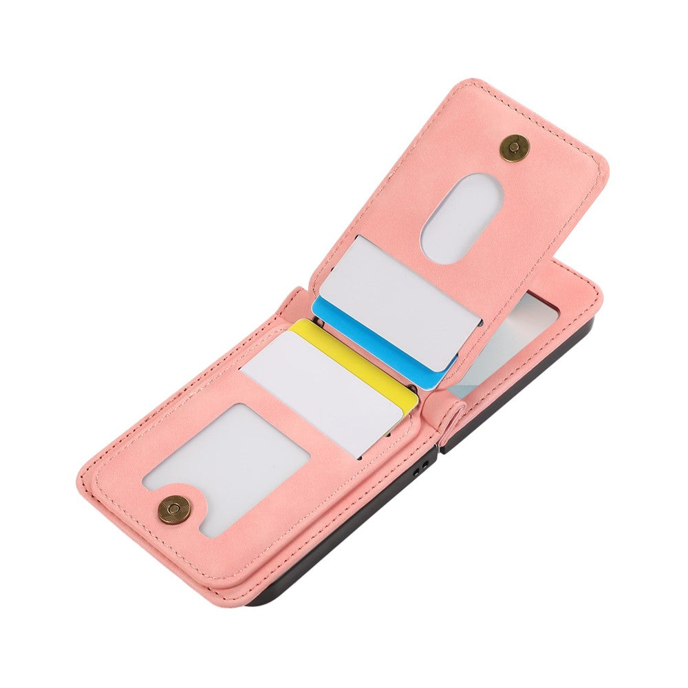 For Samsung Galaxy Z Flip7 5G Case Card Holder Kickstand Leather + TPU Phone Cover with Shoulder Strap - Pink