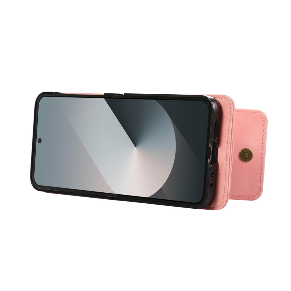 For Samsung Galaxy Z Flip7 5G Case Card Holder Kickstand Leather + TPU Phone Cover with Shoulder Strap - Pink
