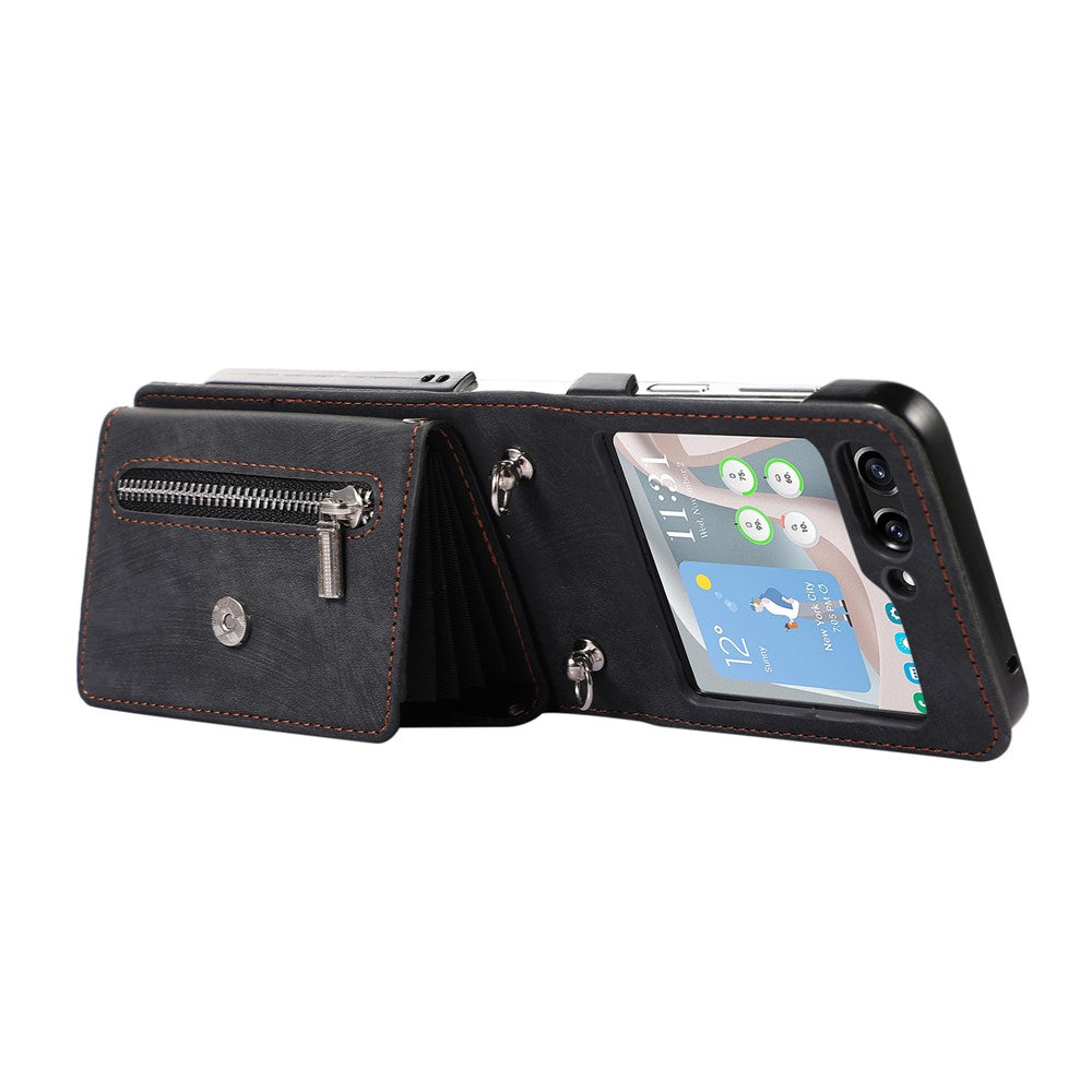 For Samsung Galaxy Z Flip7 5G Cell Phone Case PU Leather + TPU RFID Blocking Card Slots Cover with 2 Straps - Black