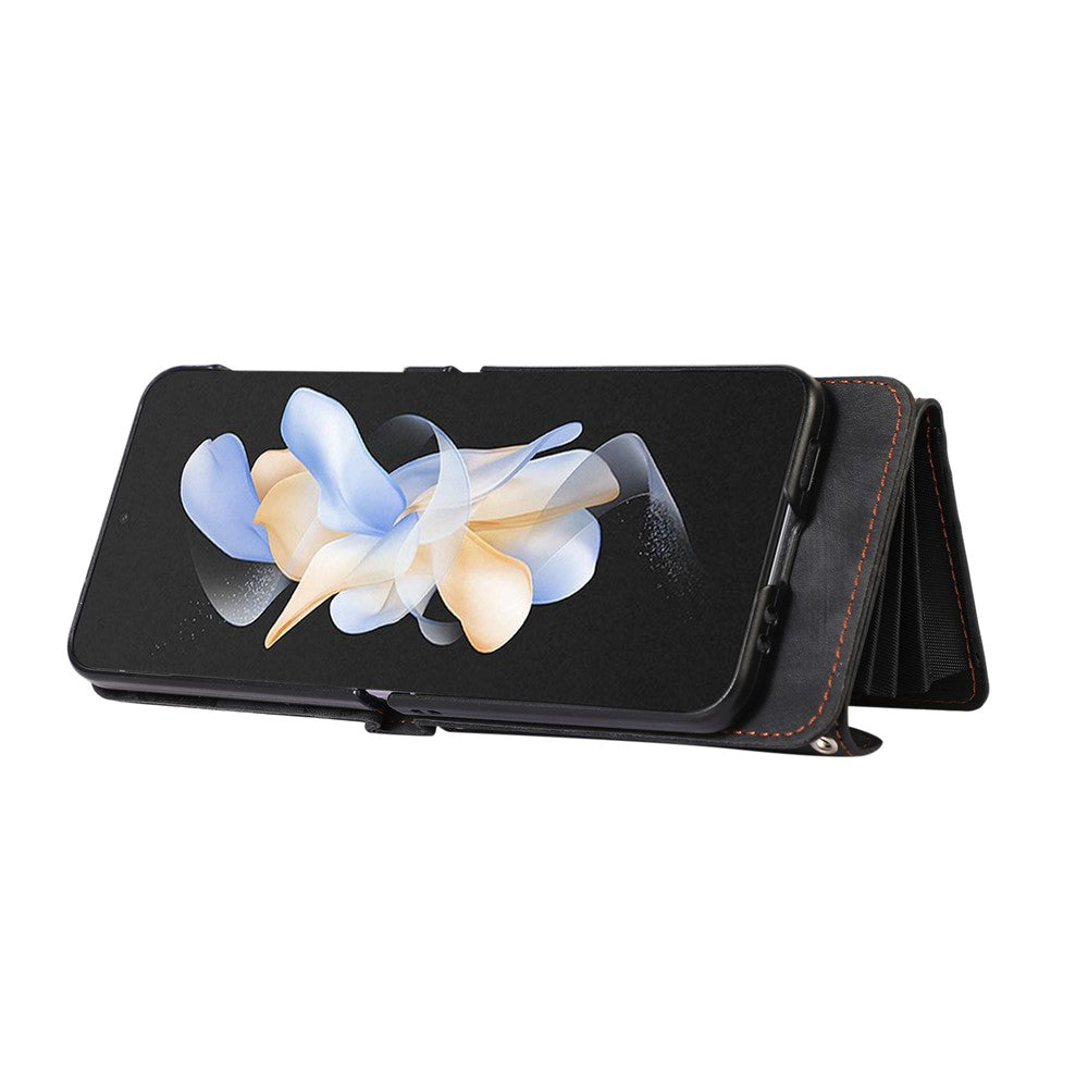 For Samsung Galaxy Z Flip7 5G Cell Phone Case PU Leather + TPU RFID Blocking Card Slots Cover with 2 Straps - Black