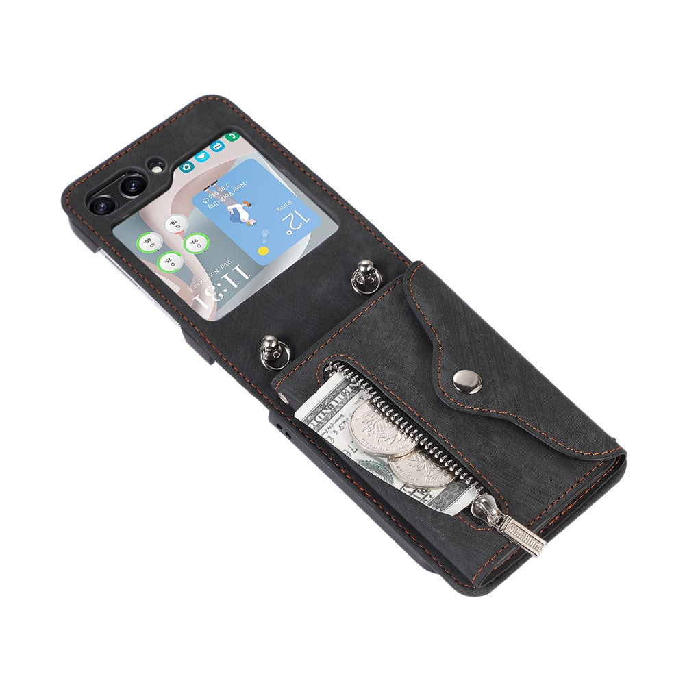 For Samsung Galaxy Z Flip7 5G Cell Phone Case PU Leather + TPU RFID Blocking Card Slots Cover with 2 Straps - Black