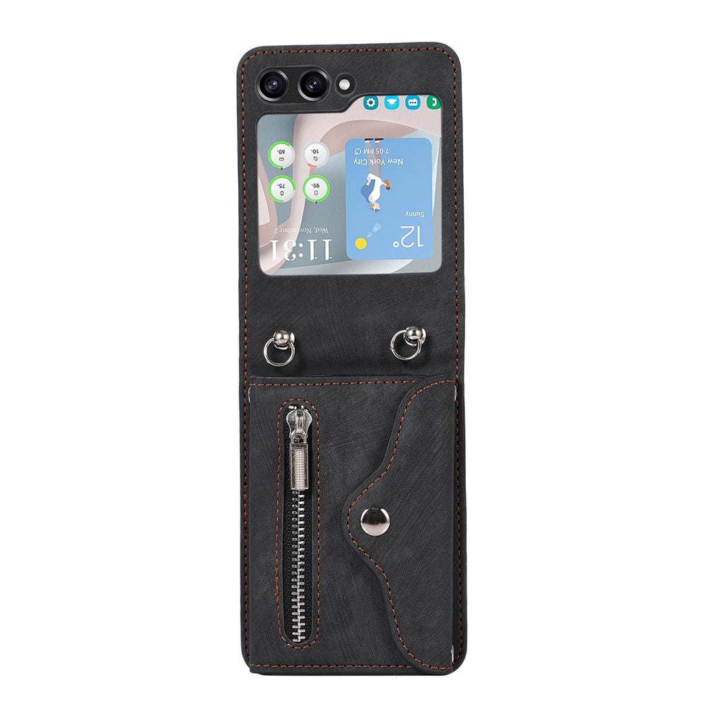 For Samsung Galaxy Z Flip7 5G Cell Phone Case PU Leather + TPU RFID Blocking Card Slots Cover with 2 Straps - Black