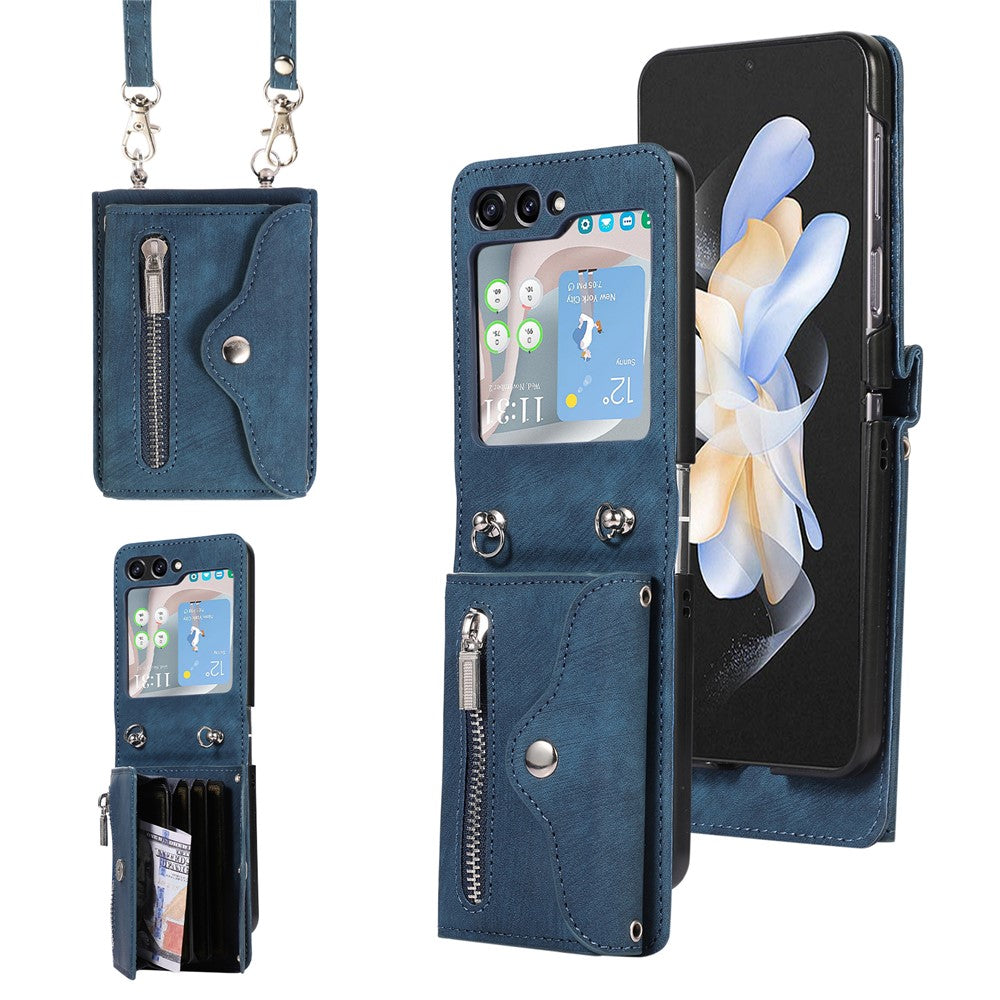 For Samsung Galaxy Z Flip7 5G Cell Phone Case PU Leather + TPU RFID Blocking Card Slots Cover with 2 Straps - Blue