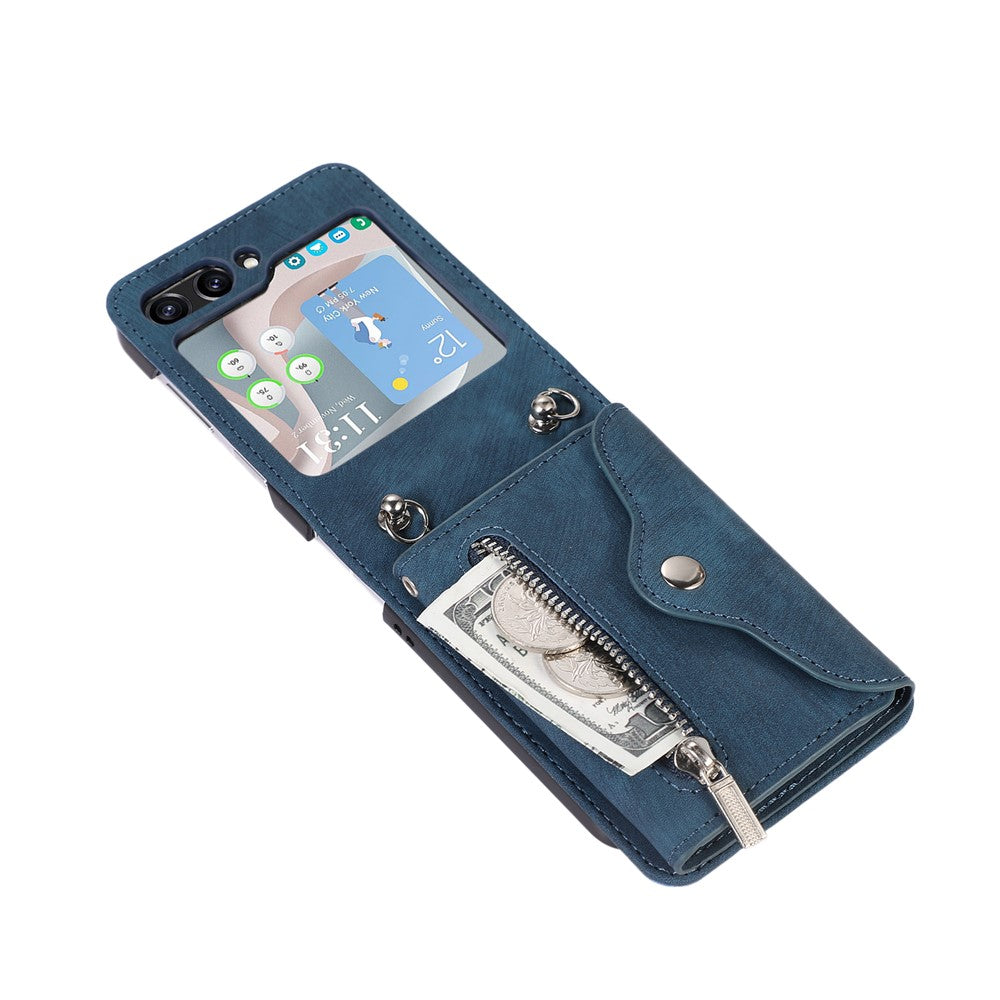 For Samsung Galaxy Z Flip7 5G Cell Phone Case PU Leather + TPU RFID Blocking Card Slots Cover with 2 Straps - Blue