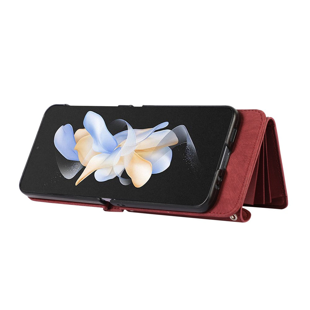 For Samsung Galaxy Z Flip7 5G Cell Phone Case PU Leather + TPU RFID Blocking Card Slots Cover with 2 Straps - Red