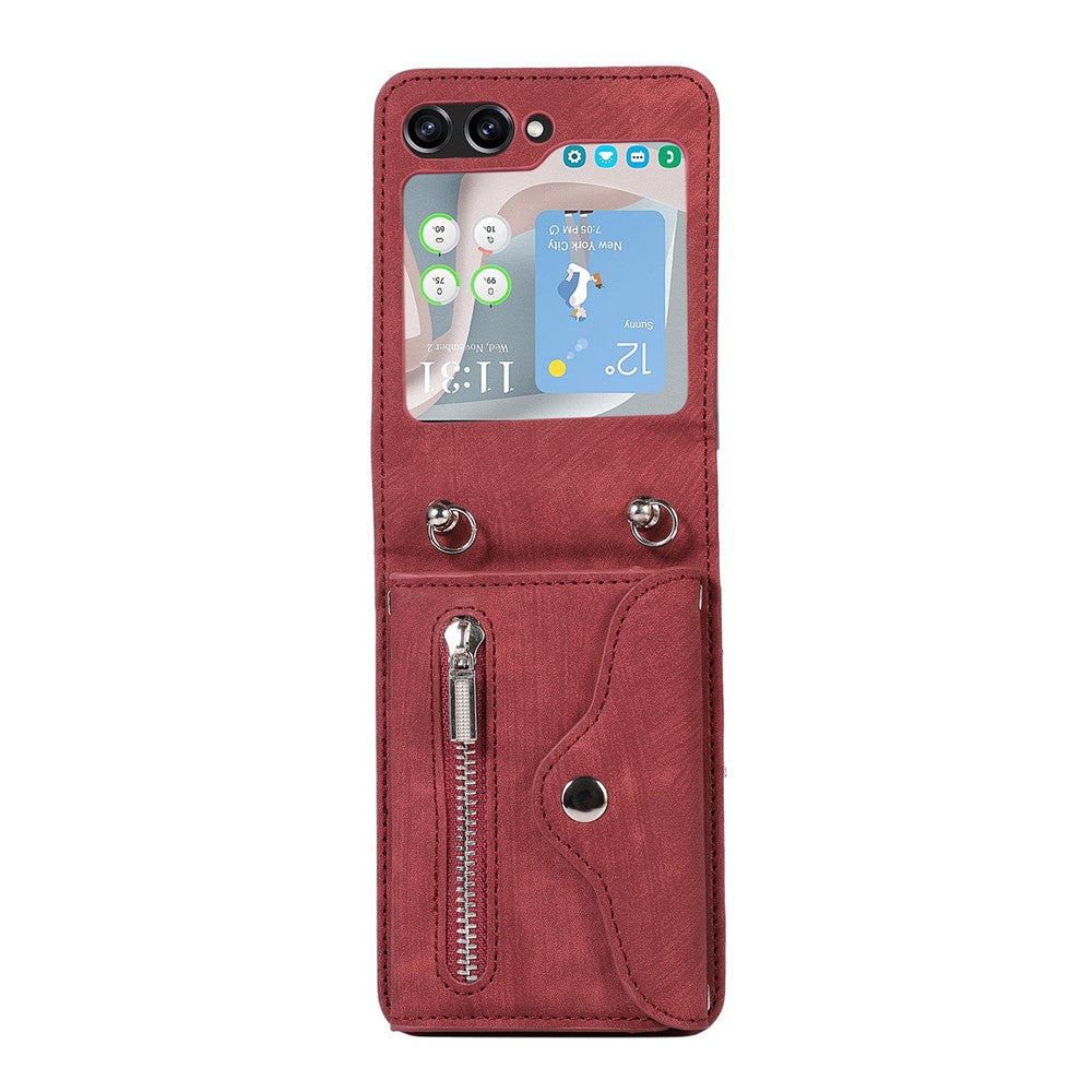 For Samsung Galaxy Z Flip7 5G Cell Phone Case PU Leather + TPU RFID Blocking Card Slots Cover with 2 Straps - Red