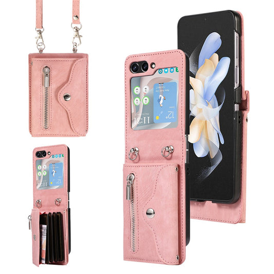 For Samsung Galaxy Z Flip7 5G Cell Phone Case PU Leather + TPU RFID Blocking Card Slots Cover with 2 Straps - Rose Gold