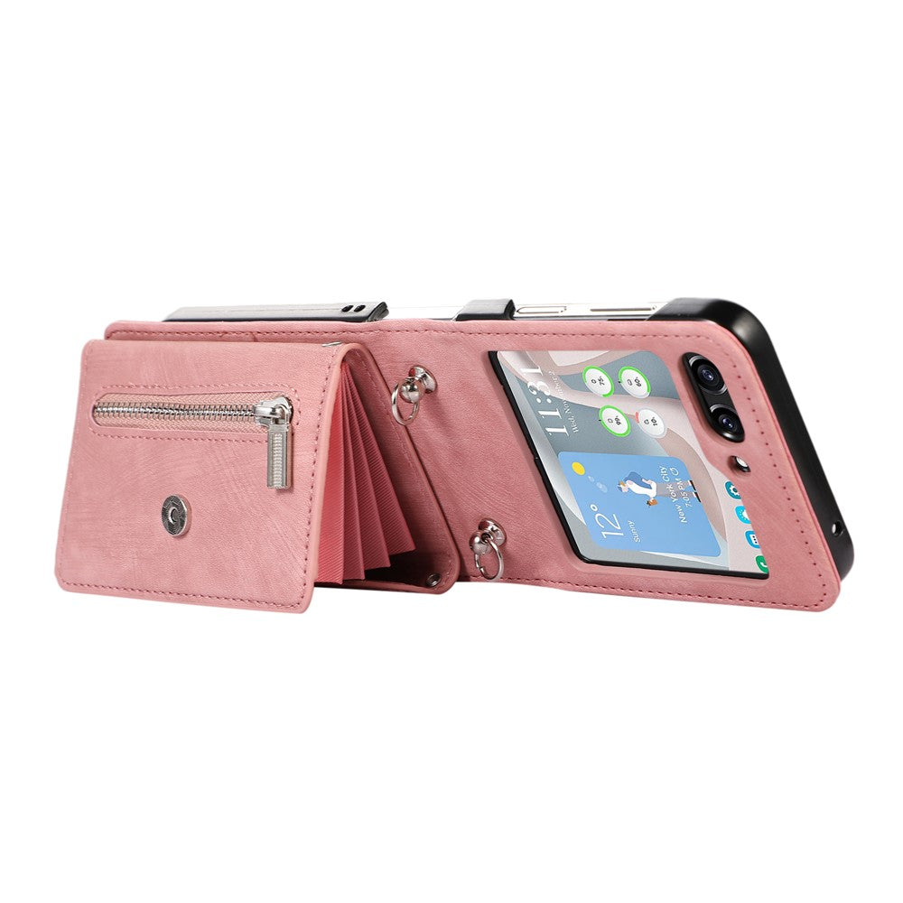 For Samsung Galaxy Z Flip7 5G Cell Phone Case PU Leather + TPU RFID Blocking Card Slots Cover with 2 Straps - Rose Gold