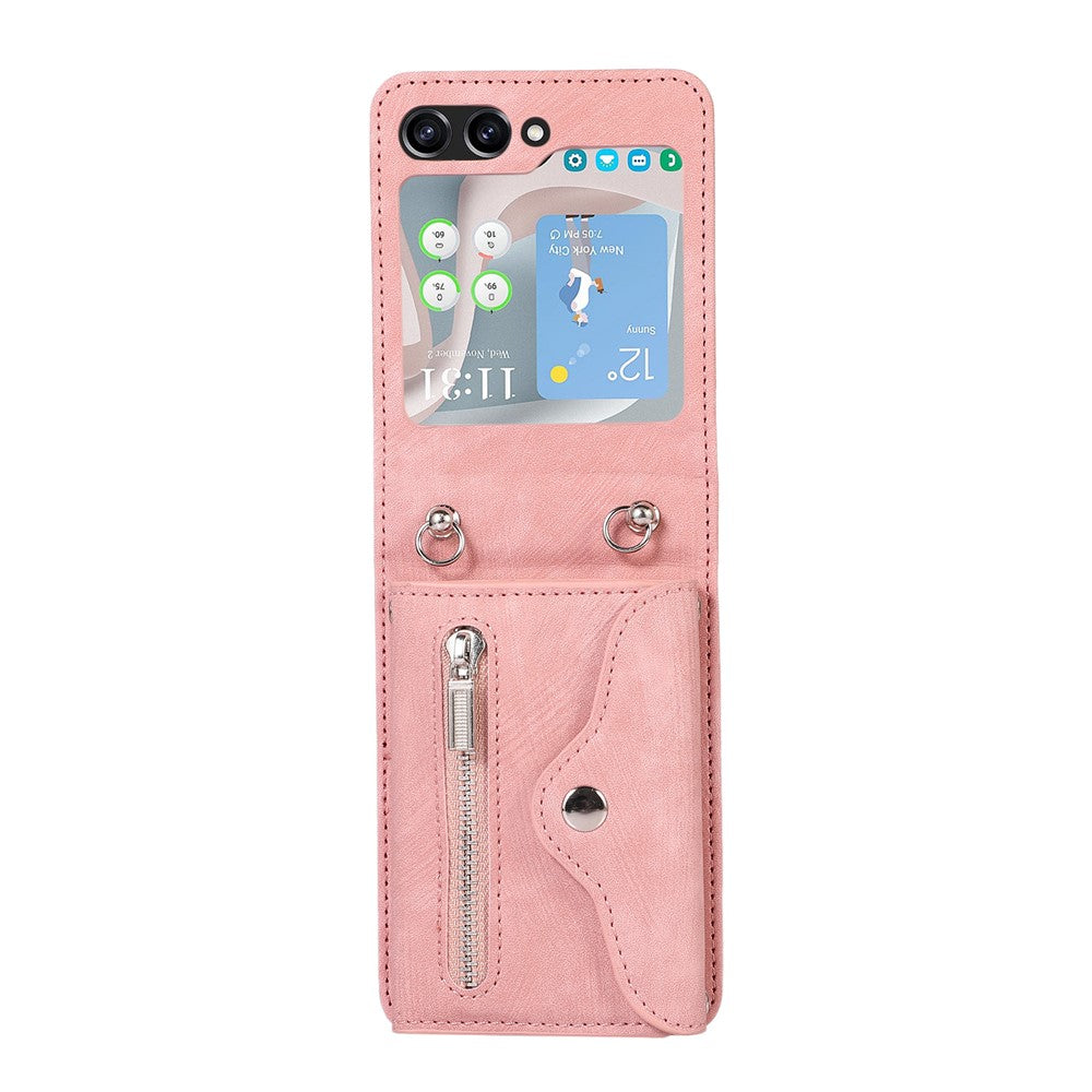 For Samsung Galaxy Z Flip7 5G Cell Phone Case PU Leather + TPU RFID Blocking Card Slots Cover with 2 Straps - Rose Gold