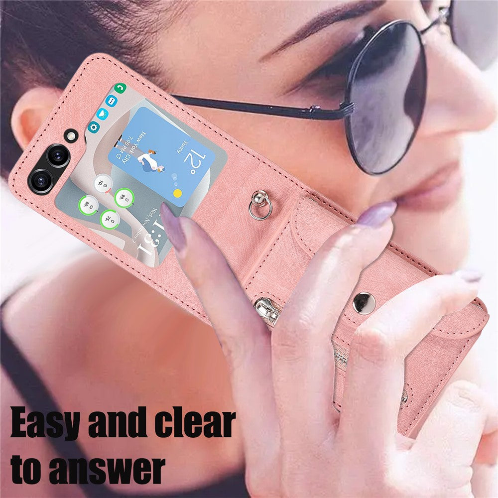 For Samsung Galaxy Z Flip7 5G Cell Phone Case PU Leather + TPU RFID Blocking Card Slots Cover with 2 Straps - Rose Gold