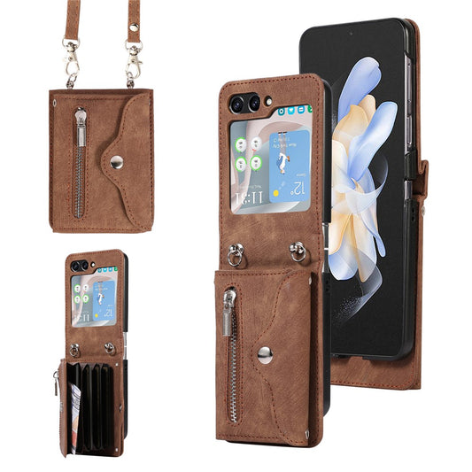 For Samsung Galaxy Z Flip7 5G Cell Phone Case PU Leather + TPU RFID Blocking Card Slots Cover with 2 Straps - Brown