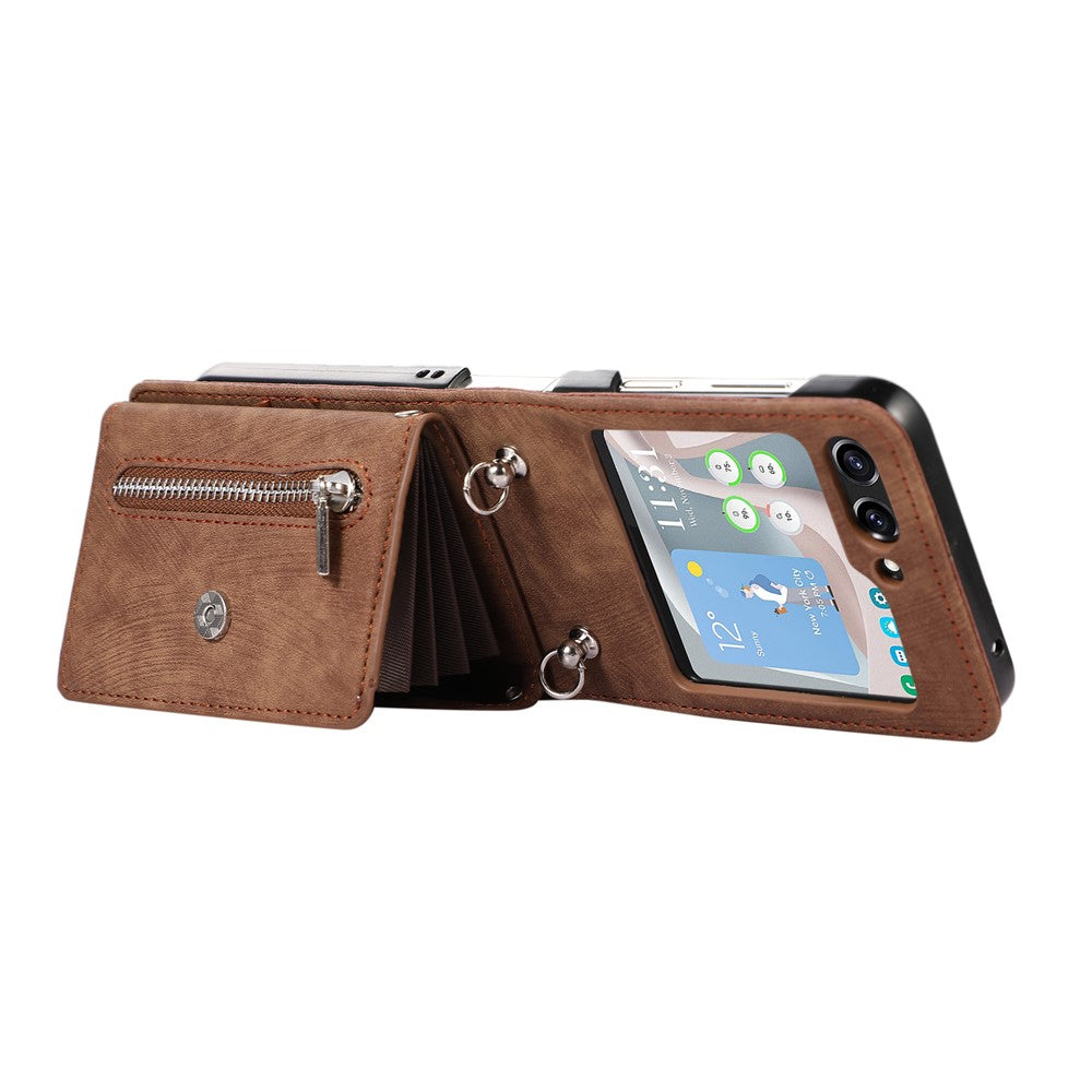 For Samsung Galaxy Z Flip7 5G Cell Phone Case PU Leather + TPU RFID Blocking Card Slots Cover with 2 Straps - Brown