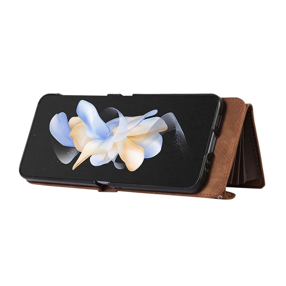 For Samsung Galaxy Z Flip7 5G Cell Phone Case PU Leather + TPU RFID Blocking Card Slots Cover with 2 Straps - Brown
