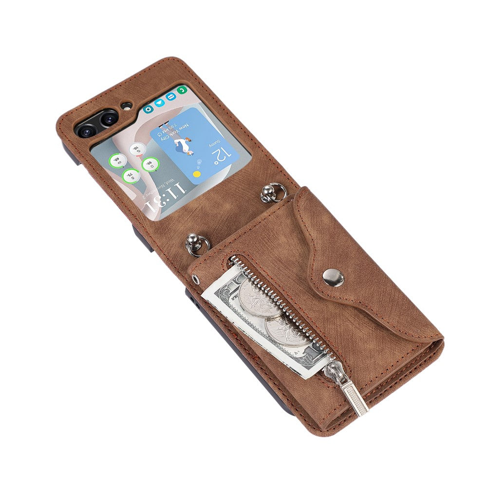 For Samsung Galaxy Z Flip7 5G Cell Phone Case PU Leather + TPU RFID Blocking Card Slots Cover with 2 Straps - Brown