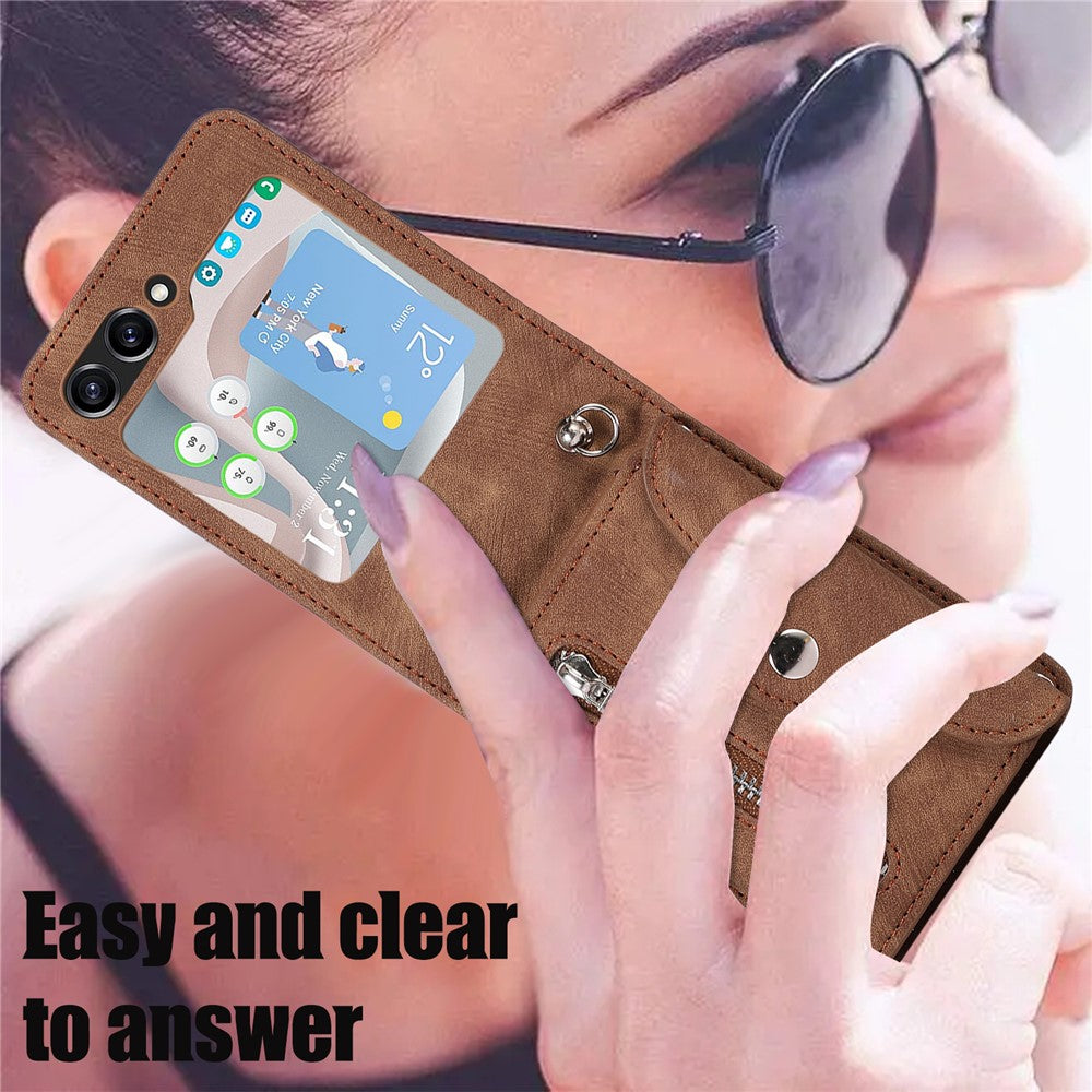 For Samsung Galaxy Z Flip7 5G Cell Phone Case PU Leather + TPU RFID Blocking Card Slots Cover with 2 Straps - Brown