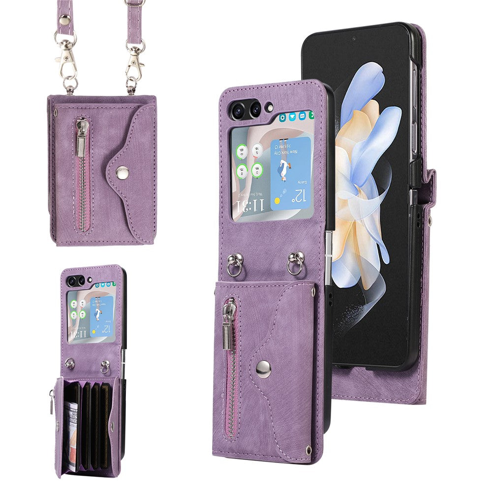 For Samsung Galaxy Z Flip7 5G Cell Phone Case PU Leather + TPU RFID Blocking Card Slots Cover with 2 Straps - Purple