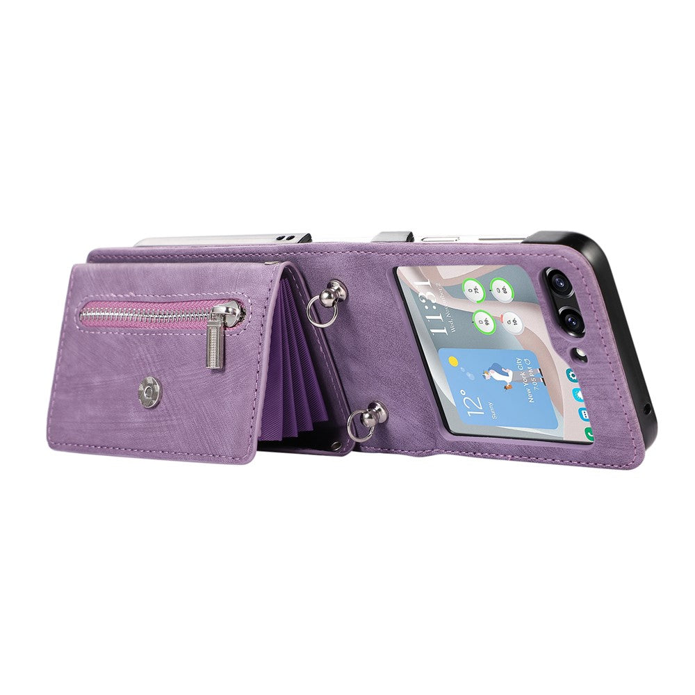 For Samsung Galaxy Z Flip7 5G Cell Phone Case PU Leather + TPU RFID Blocking Card Slots Cover with 2 Straps - Purple