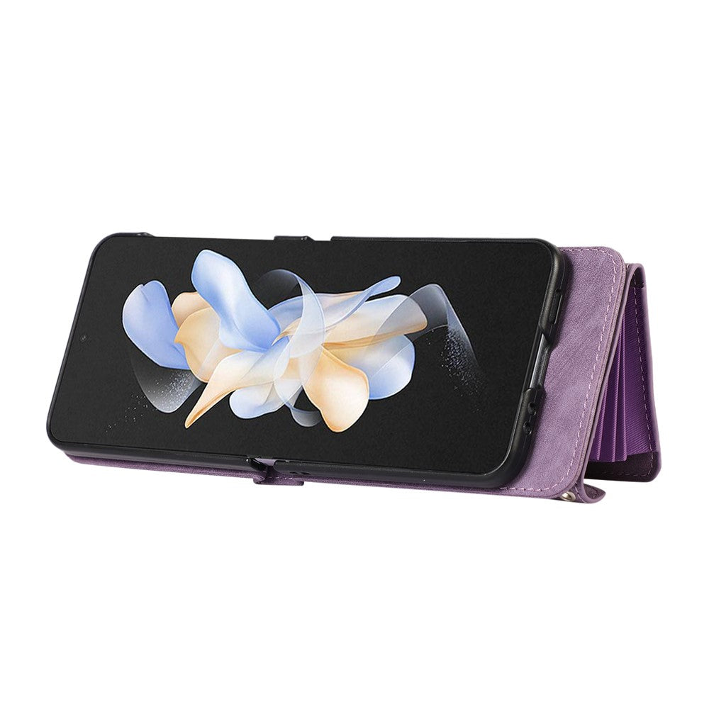 For Samsung Galaxy Z Flip7 5G Cell Phone Case PU Leather + TPU RFID Blocking Card Slots Cover with 2 Straps - Purple