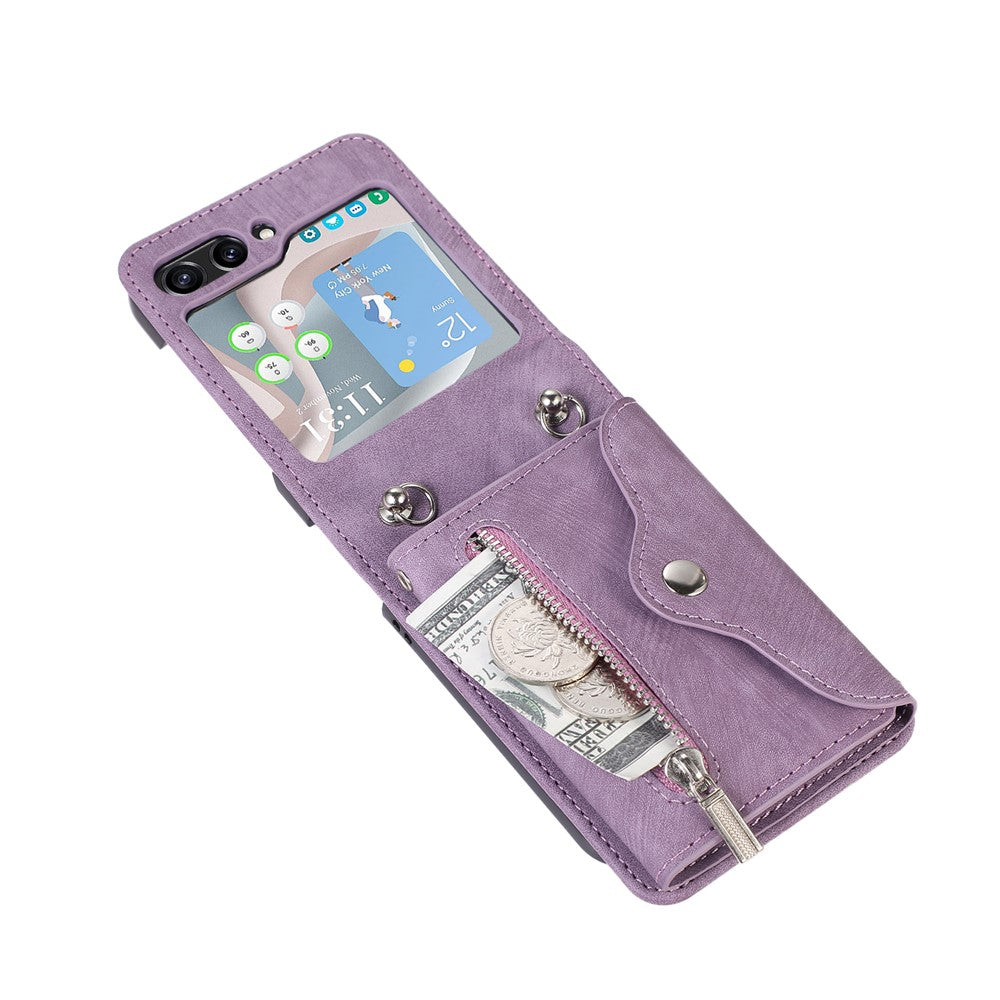 For Samsung Galaxy Z Flip7 5G Cell Phone Case PU Leather + TPU RFID Blocking Card Slots Cover with 2 Straps - Purple