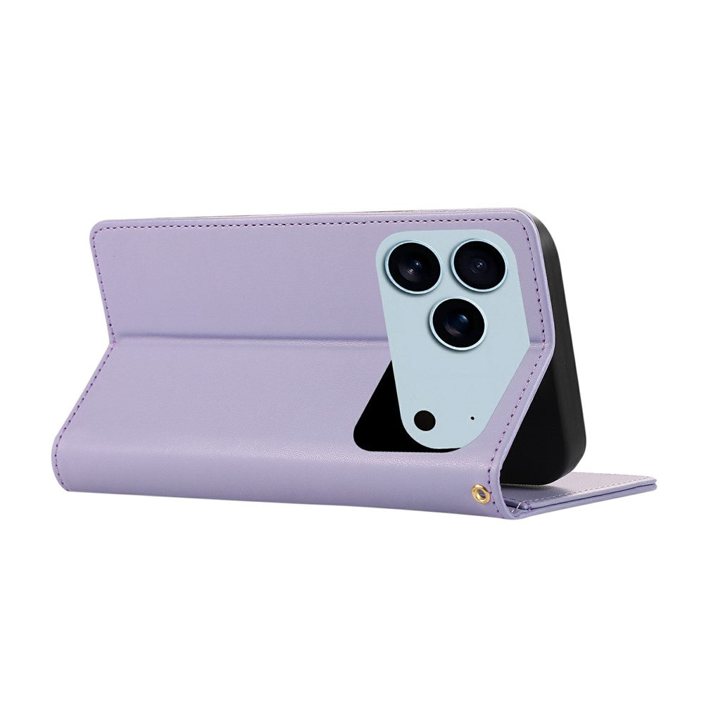 For iPhone 17 Pro Max Case RFID Blocking Wallet Stand Rhombus Leather Phone Cover with Wrist Strap - Purple